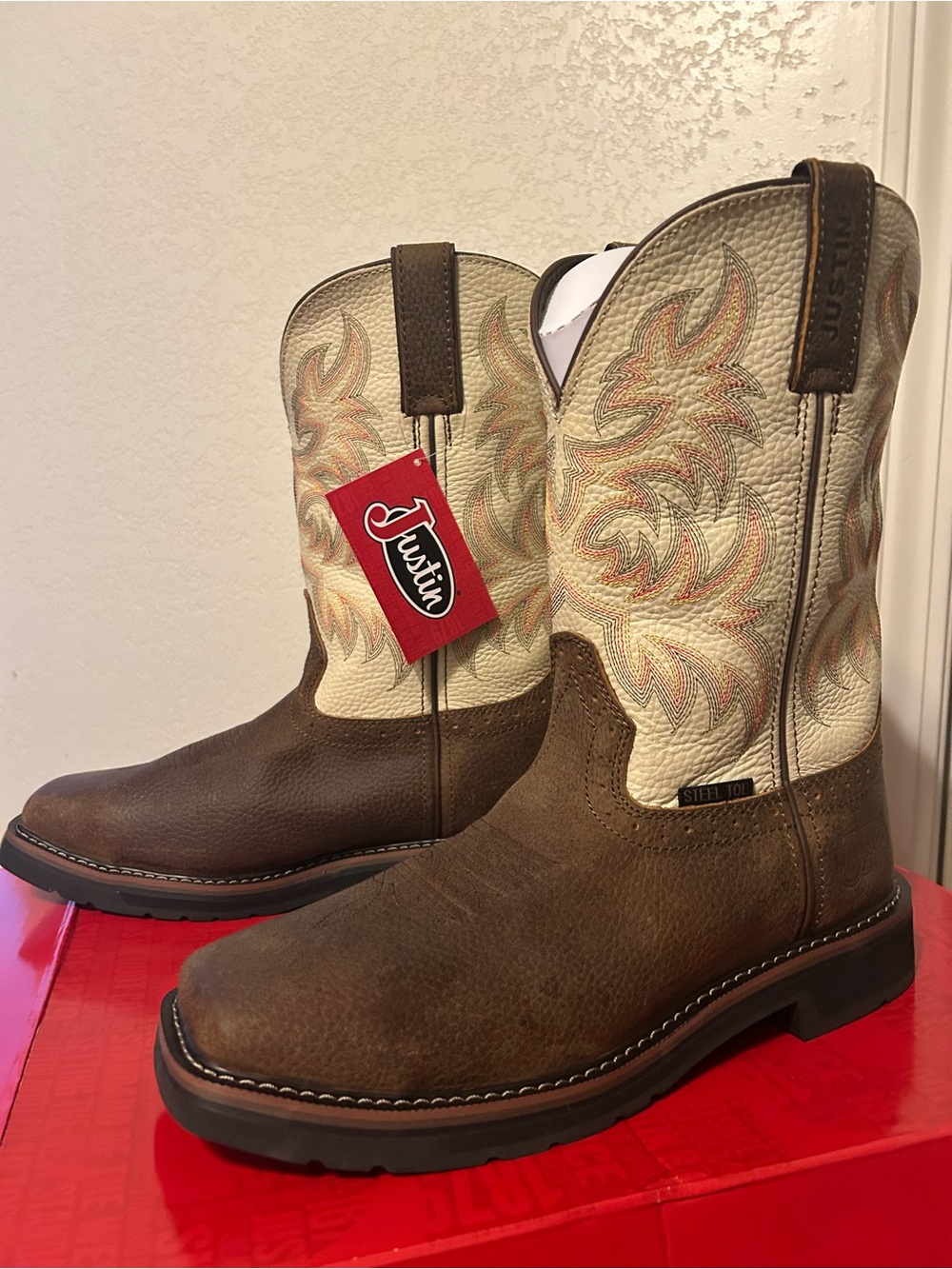 Justin Boots Brown Foot with Cream Embroidered Shaft Men’s Western Work Boots